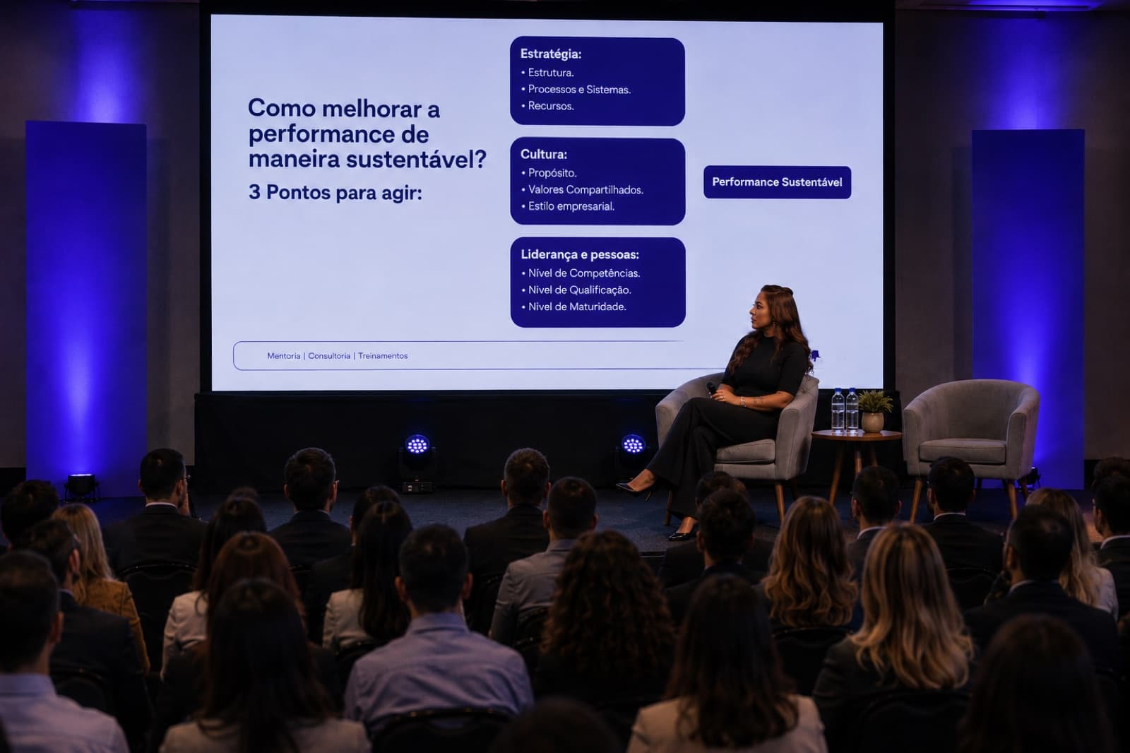 Palestra sobre performance sustentável em evento com plateia lotada