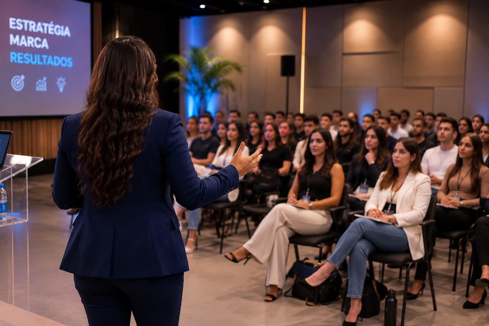 Plateia acompanhando treinamento sobre estratégia, marca e resultados